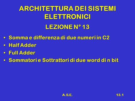 A.S.E.13.1 ARCHITETTURA DEI SISTEMI ELETTRONICI LEZIONE N° 13 Somma e differenza di due numeri in C2Somma e differenza di due numeri in C2 Half AdderHalf.