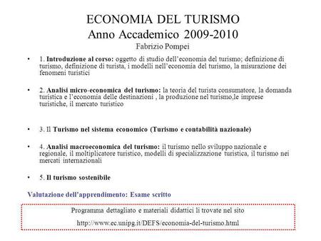 ECONOMIA DEL TURISMO Anno Accademico Fabrizio Pompei