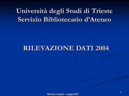 1 Università degli Studi di Trieste Servizio Bibliotecario dAteneo Michele Codaglio – maggio 2005 RILEVAZIONE DATI 2004.