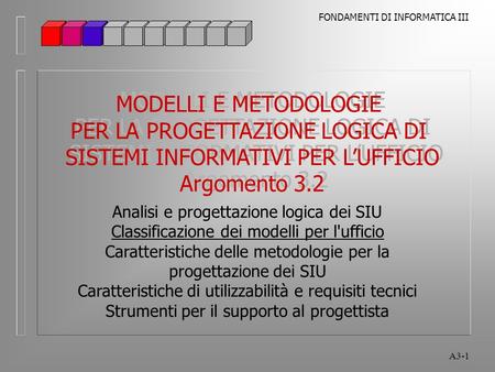 FONDAMENTI DI INFORMATICA III A3-1 MODELLI E METODOLOGIE PER LA PROGETTAZIONE LOGICA DI SISTEMI INFORMATIVI PER LUFFICIO Argomento 3.2 MODELLI E METODOLOGIE.
