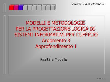 FONDAMENTI DI INFORMATICA III A3A1-1 Realtà e Modello MODELLI E METODOLOGIE PER LA PROGETTAZIONE LOGICA DI SISTEMI INFORMATIVI PER LUFFICIO Argomento 3.