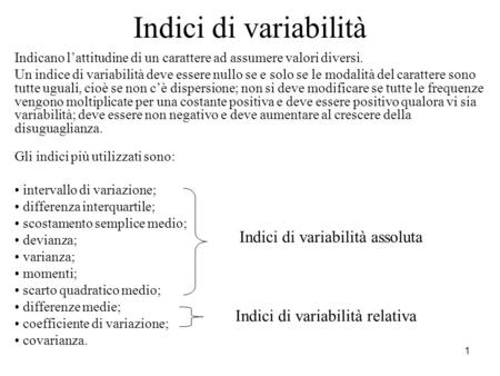 Indici di variabilità Indici di variabilità assoluta