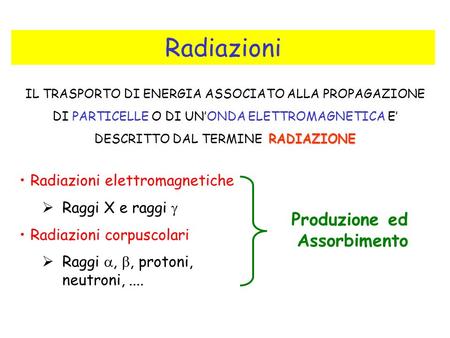 Radiazioni Produzione ed Assorbimento Radiazioni elettromagnetiche