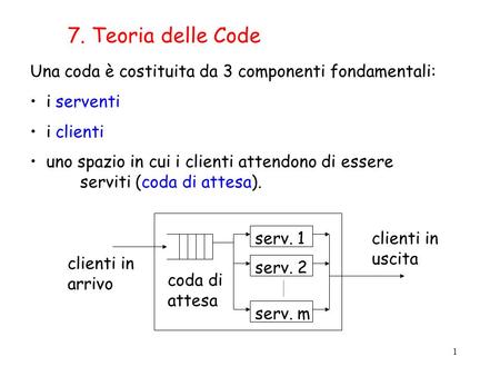 7. Teoria delle Code Una coda è costituita da 3 componenti fondamentali: i serventi i clienti uno spazio in cui i clienti attendono di essere 		serviti.
