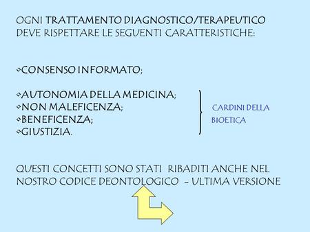 OGNI TRATTAMENTO DIAGNOSTICO/TERAPEUTICO DEVE RISPETTARE LE SEGUENTI CARATTERISTICHE: CONSENSO INFORMATO; AUTONOMIA DELLA MEDICINA; NON MALEFICENZA; CARDINI.