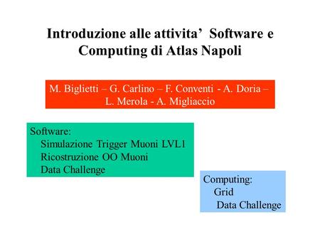 Introduzione alle attivita Software e Computing di Atlas Napoli M. Biglietti – G. Carlino – F. Conventi - A. Doria – L. Merola - A. Migliaccio Software: