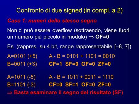 Confronto di due signed (in compl. a 2) Caso 1: numeri dello stesso segno Non ci può essere overflow (sottraendo, viene fuori un numero più piccolo in.