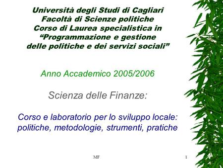 MF1 Università degli Studi di Cagliari Facoltà di Scienze politiche Corso di Laurea specialistica in Programmazione e gestione delle politiche e dei servizi.