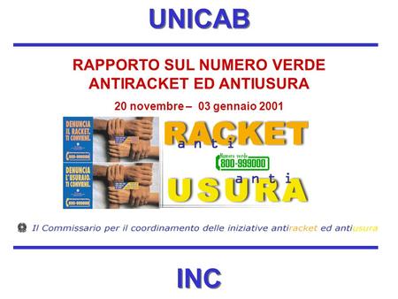 RAPPORTO SUL NUMERO VERDE ANTIRACKET ED ANTIUSURA 20 novembre – 03 gennaio 2001 UNICAB INC.