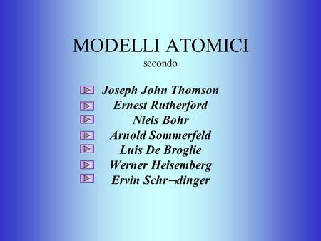 MODELLI ATOMICI secondo Joseph John Thomson Ernest Rutherford Niels Bohr Arnold Sommerfeld Luis De Broglie Werner Heisemberg Ervin Schrdinger.
