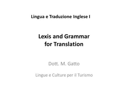 Lexis and Grammar for Translation Dott. M. Gatto Lingue e Culture per il Turismo Lingua e Traduzione Inglese I.