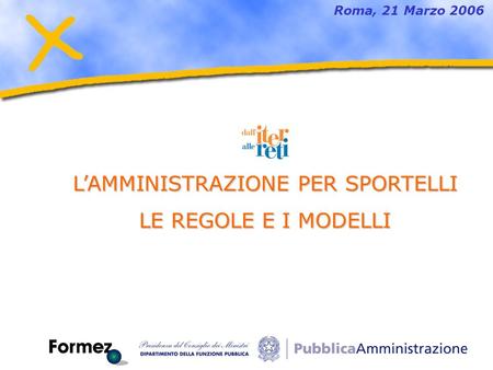 LAMMINISTRAZIONE PER SPORTELLI LE REGOLE E I MODELLI Roma, 21 Marzo 2006.