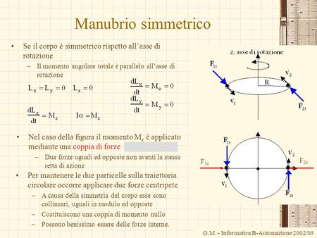 Manubrio simmetrico Se il corpo è simmetrico rispetto all’asse di rotazione Il momento angolare totale è parallelo all’asse di rotazione Nel caso della.