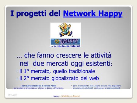 I progetti del Network Happy Network HappyNetwork Happy … che fanno crescere le attività nei due mercati oggi esistenti : il 1° mercato, quello tradizionale.
