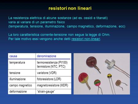 Resistori non lineari La resistenza elettrica di alcune sostanze (ad es. ossidi e titanati) varia al variare di un parametro fisico (temperatura, tensione,
