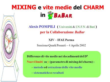 MIXING e vite medie del CHARM XIV IFAE Parma Sessione Quark Pesanti 4 Aprile 2002 in Differenze di vite medie nei decadimenti del D 0 Nuovi limiti su y.