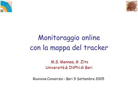 Monitoraggio online con la mappa del tracker M.S. Mennea, G. Zito Università & INFN di Bari Riunione Consorzio – Bari 9 Settembre 2005.