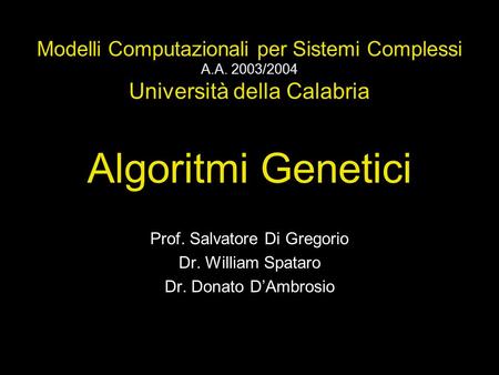 Algoritmi Genetici Prof. Salvatore Di Gregorio Dr. William Spataro Dr. Donato DAmbrosio Modelli Computazionali per Sistemi Complessi A.A. 2003/2004 Università