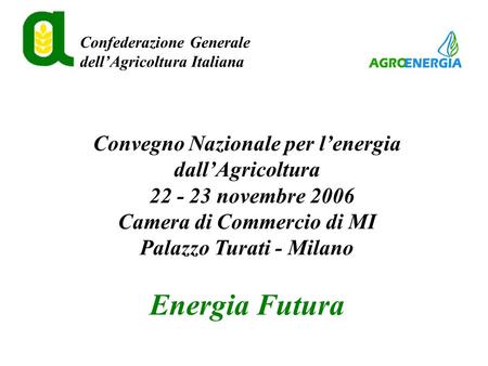 Confederazione Generale dellAgricoltura Italiana Convegno Nazionale per lenergia dallAgricoltura 22 - 23 novembre 2006 Camera di Commercio di MI Palazzo.