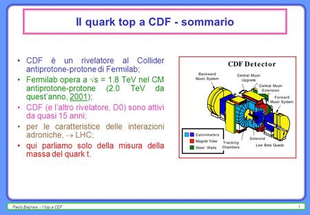 Paolo Bagnaia - Il top a CDF1 CDF è un rivelatore al Collider antiprotone-protone di Fermilab; Fermilab opera a s = 1.8 TeV nel CM antiprotone-protone.
