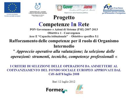 Progetto Competenze In Rete PON Governance e Azioni di Sistema (FSE) 2007-2013 Obiettivo 1 - Convergenza Asse E Capacita istituzionale - Obiettivo specifico.