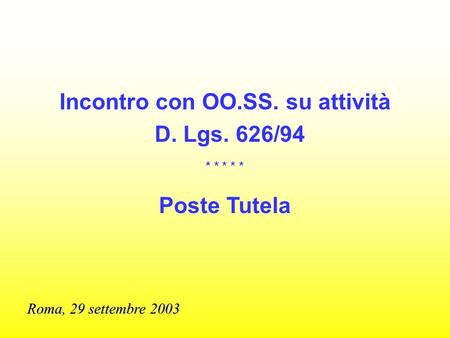 Incontro con OO.SS. su attività D. Lgs. 626/94 * * * * * Poste Tutela Roma, 29 settembre 2003.