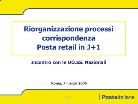 DOL Riorganizzazione processi corrispondenza Posta retail in J+1 Roma, 7 marzo 2006 Incontro con le OO.SS. Nazionali.