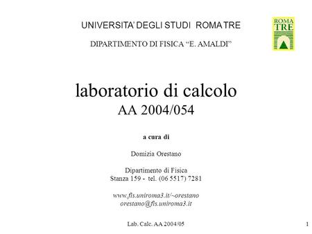 Lab. Calc. AA 2004/051 laboratorio di calcolo AA 2004/054 a cura di Domizia Orestano Dipartimento di Fisica Stanza 159 - tel. (06 5517) 7281 www.fis.uniroma3.it/~orestano.