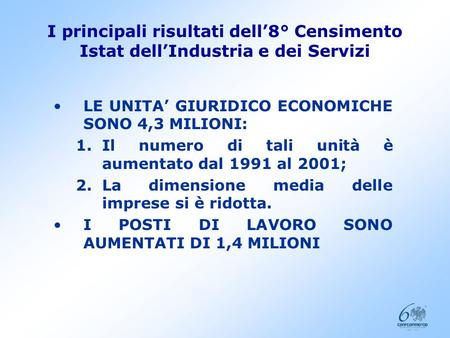 I principali risultati dell8° Censimento Istat dellIndustria e dei Servizi Seminario Centro Studi Roma, 21 aprile 2005.