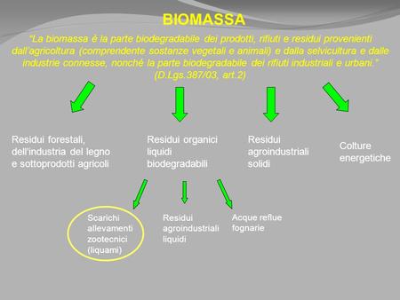 BIOMASSA La biomassa è la parte biodegradabile dei prodotti, rifiuti e residui provenienti dallagricoltura (comprendente sostanze vegetali e animali) e.