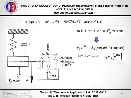 UNIVERSITÀ DEGLI STUDI DI PERUGIA Dipartimento di Ingegneria Industriale Prof. Francesco Castellani Corso di Meccanica Applicata.