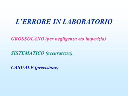 LERRORE IN LABORATORIO GROSSOLANO (per negligenza e/o imperizia) SISTEMATICO (accuratezza) CASUALE (precisione)