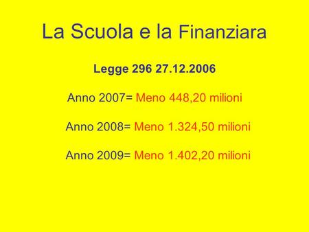 La Scuola e la Finanziara Legge 296 27.12.2006 Anno 2007= Meno 448,20 milioni Anno 2008= Meno 1.324,50 milioni Anno 2009= Meno 1.402,20 milioni.