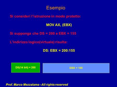 Prof. Marco Mezzalama –All rights reserved Esempio Si consideri listruzione in modo protetto: MOV AX, (EBX) Si supponga che DS = 200 e EBX = 155 Lindirizzo.