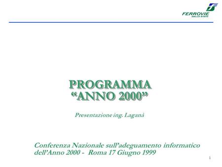 1 PROGRAMMA ANNO 2000 PROGRAMMA ANNO 2000 Conferenza Nazionale sulladeguamento informatico dellAnno 2000 - Roma 17 Giugno 1999 Presentazione ing. Laganà