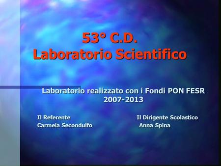 53° C.D. Laboratorio Scientifico Laboratorio realizzato con i Fondi PON FESR 2007-2013 Il Referente Il Dirigente Scolastico Carmela Secondulfo Anna Spina.