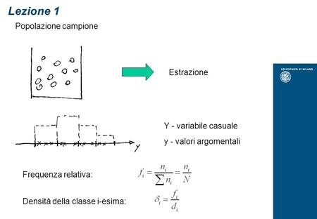 Popolazione campione Y - variabile casuale y - valori argomentali Frequenza relativa: Estrazione Densità della classe i-esima: Lezione 1.