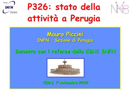 P326: stato della attività a Perugia Mauro Piccini INFN – Sezione di Perugia Incontro con i referee della CSN1 INFN CERN, 7 settembre 2005.