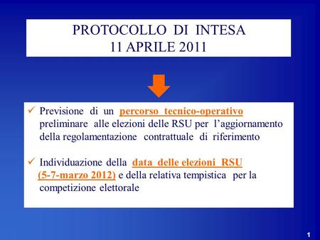 1 PROTOCOLLO DI INTESA 11 APRILE 2011 Previsione di un percorso tecnico-operativo preliminare alle elezioni delle RSU per laggiornamento della regolamentazione.