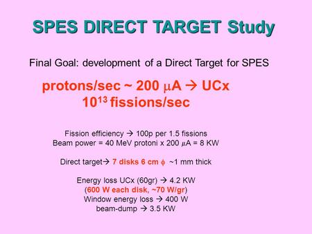 SPES DIRECT TARGET Study Final Goal: development of a Direct Target for SPES protons/sec ~ 200 A UCx 10 13 fissions/sec Fission efficiency 100p per 1.5.
