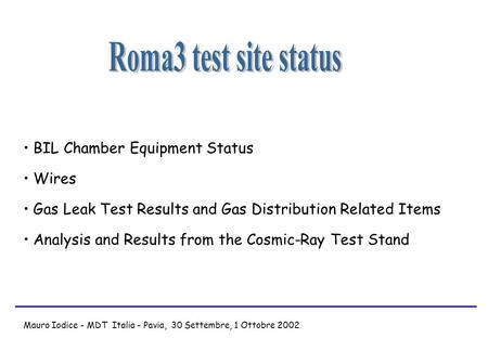 BIL Chamber Equipment Status Wires Gas Leak Test Results and Gas Distribution Related Items Analysis and Results from the Cosmic-Ray Test Stand Mauro Iodice.