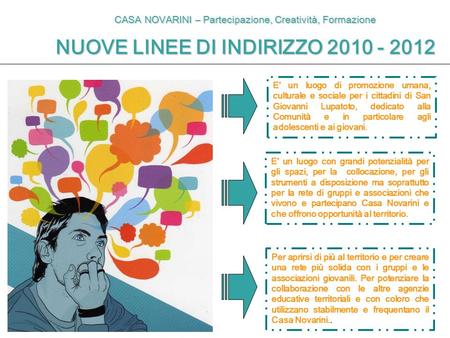 CASA NOVARINI – Partecipazione, Creatività, Formazione NUOVE LINEE DI INDIRIZZO 2010 - 2012 E' un luogo di promozione umana, culturale e sociale per i.