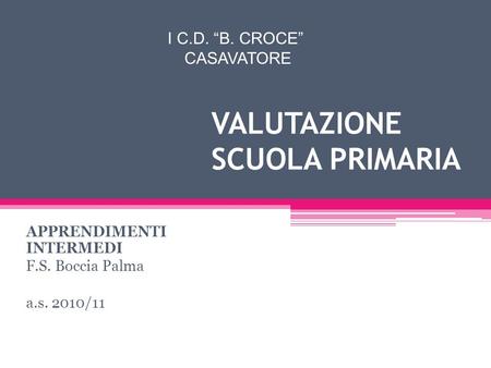 VALUTAZIONE SCUOLA PRIMARIA APPRENDIMENTI INTERMEDI F.S. Boccia Palma a.s. 2010/11 I C.D. B. CROCE CASAVATORE.