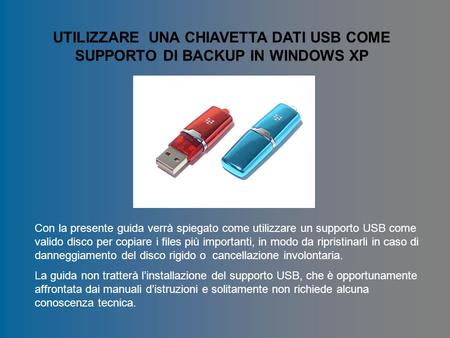 UTILIZZARE UNA CHIAVETTA DATI USB COME SUPPORTO DI BACKUP IN WINDOWS XP Con la presente guida verrà spiegato come utilizzare un supporto USB come valido.