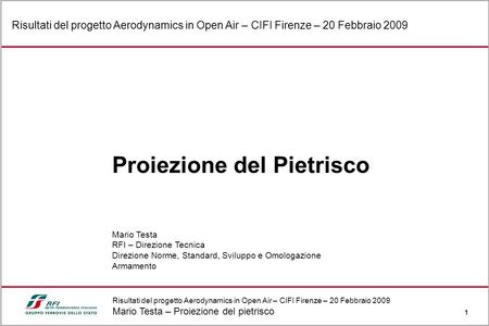 Risultati del progetto Aerodynamics in Open Air – CIFI Firenze – 20 Febbraio 2009 Mario Testa – Proiezione del pietrisco 1 Risultati del progetto Aerodynamics.