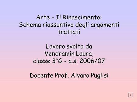 Arte - Il Rinascimento: Schema riassuntivo degli argomenti trattati Lavoro svolto da Vendramin Laura, classe 3°G - a.s. 2006/07 Docente Prof. Alvaro.