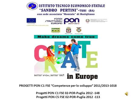 PROGETTI PON C1 FSE “Competenze per lo sviluppo” 2011/2013-1018 Progetti PON C1 FSE 02-POR-Puglia 2012 -148 Progetti PON C5 FSE 02-POR-Puglia 2012 -113.
