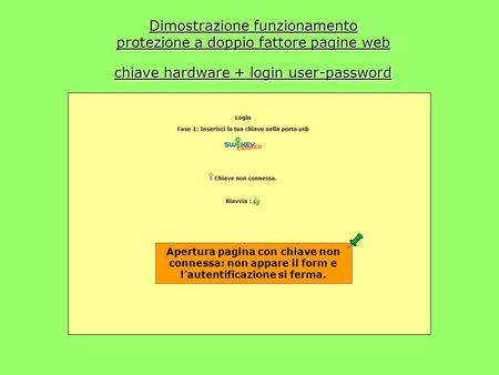 Dimostrazione funzionamento protezione a doppio fattore pagine web chiave hardware + login user-password Apertura pagina con chiave non connessa: non appare.