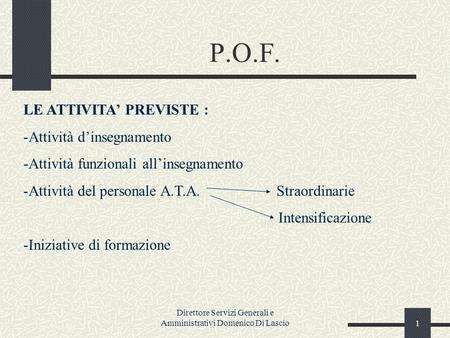 Direttore Servizi Generali e Amministrativi Domenico Di Lascio1 P.O.F. LE ATTIVITA PREVISTE : -Attività dinsegnamento -Attività funzionali allinsegnamento.