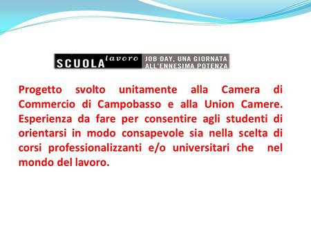 Progetto svolto unitamente alla Camera di Commercio di Campobasso e alla Union Camere. Esperienza da fare per consentire agli studenti di orientarsi in.